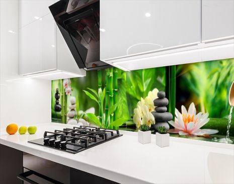 Кухонный фартук заменитель стекла лотос с орхидеями, с двухсторонним скотчем 62 х 305 см, 1,2 мм
