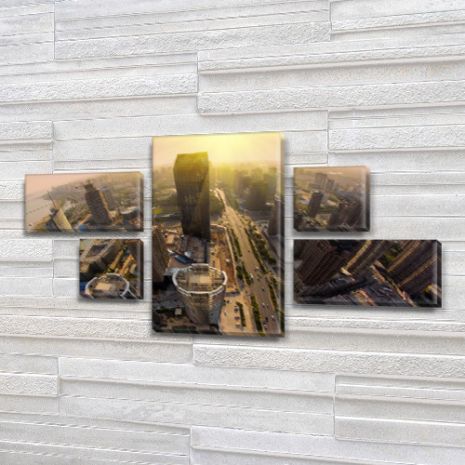 Модульна картина Місто вранці на Полотні, 80x140 см, (25x45-2/25х25-2/80x45)