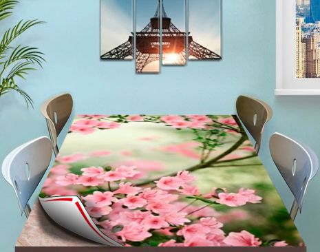 Покрытие для стола, мягкое стекло с фотопринтом, Ветка с цветами 100 х 100 см (1,2 мм)