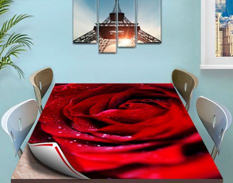 Покрытие для стола, мягкое стекло с фотопринтом, Роса на розе 100 х 100 см (1,2 мм)