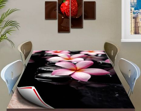 Покрытие для стола, мягкое стекло с фотопринтом, Цветы на камнях 100 х 100 см (1,2 мм)