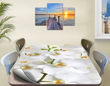Покрытие для стола, мягкое стекло с фотопринтом, Белые орхидеи 120 х 120 см (1,2 мм)