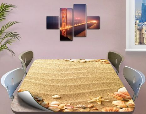 Покрытие для стола, мягкое стекло с фотопринтом, Морской песок и ракушки 120 х 120 см (1,2 мм)