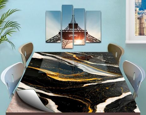 Покрытие для стола, мягкое стекло с фотопринтом, Черный мрамор с золотом 120 х 120 см (1,2 мм)