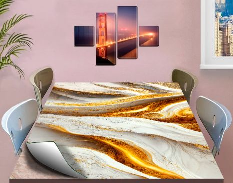 Покрытие для стола, мягкое стекло с фотопринтом, Мрамор с золотом 120 х 120 см (1,2 мм)