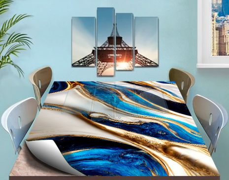 Покрытие для стола, мягкое стекло с фотопринтом, Синий мрамор с золотом 120 х 120 см (1,2 мм)