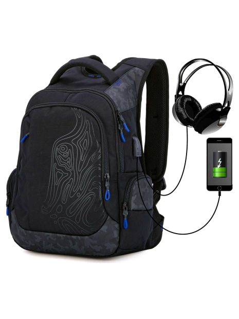 Рюкзак SkyName 90-125 молодіжний підлітковий для хлопчика USB, розм 36*19*44 см чорно-синій