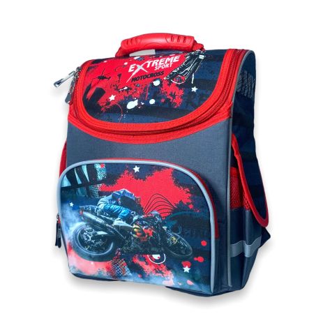 Шкільний ранець для хлопчика 988926 жорсткий каркас, розміри: 35*25*13 см,сіро-червоний, "мотоцикл"