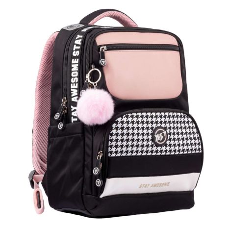 Шкільний рюкзак YES, два відділення, фронтальні та бічні кишені, розмір 39*28*15см, чорно-рожевий Stay awesome