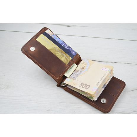 Кожаный маленький кошелек зажим для денег GS коньячний