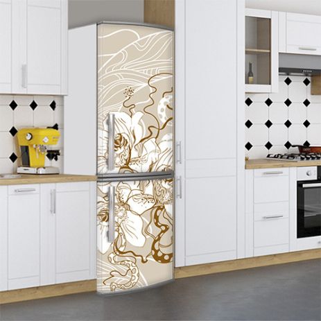Виниловая наклейка на холодильник, цветы нарисованные, 180х60 см - Лицевая(В), с ламинацией