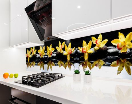 Наклейка на кухонный фартук 60 х 200 см, фотопечать с защитной ламинацией Желтые орхидеи на камнях