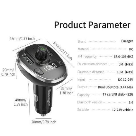 Зарядное устройство USBх2, Essager Bluetooth 5,0, fm-передатчик (951801)