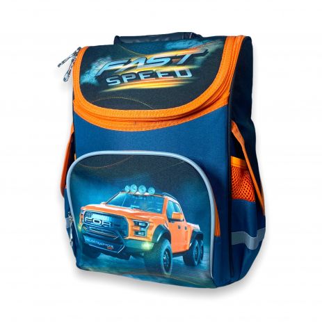 Шкільний ранець для хлопчика 989038 жорсткий каркас, розміри: 35*25*13 см, синьо-оранжевий, "машина"