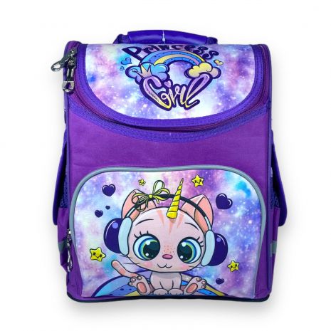 Шкільний рюкзак Space для дівчинки, ​одне відділення, бічні кишені, розмір 33*28*15 см фіолетовий з єдинорогом