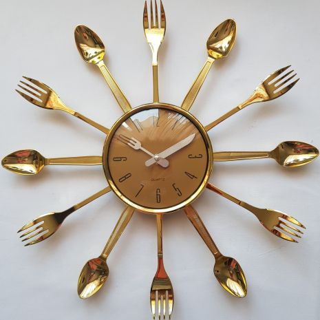 Годинник кухонний (38 см) "Ложки-вилки" Великі столові прилади золотисті Time