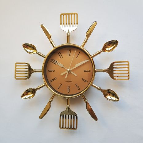 Настінні годинники (25 см) кухонні "Ложки-вилки-ножі" столові прилади золотисті Time