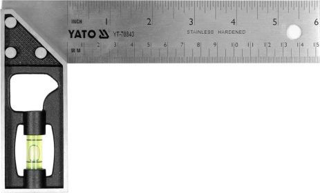 Угольник слесаря из нержавеющей стали: 90° с метрической шкалой и уровневой капсулой, 150 мм. Yato YT-70843
