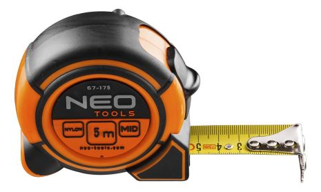 Рулетка стальная 7,5 м, магнитный крючок, нейлоновое покрытие защищает ленту от износа, двухкомпонентный корпус NEO 67-178