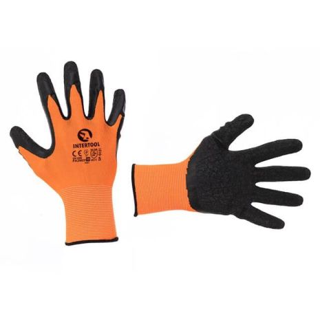 Перчатка трикотажная, синтетическая, оранжевая, покрыта черным рифленым латексом, 10" INTERTOOL SP-0121