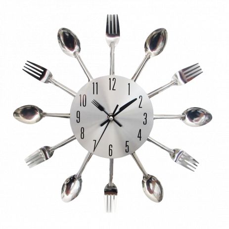 Настенные часы на кухню "Ложки-вилки" столовые приборы (32 cм) металлические ЛВ-Мет-G Timelike™ серебристые