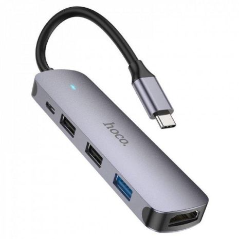 USB Hub Hoco HB27 Type-C multi-function converter(HDMI+USB3.0+USB2.0*2+PD) Металлически-серый