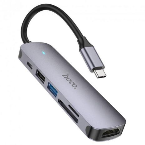 USB Hub Hoco HB28 Type-C multi-function converter (HDMI+USB3.0+USB2.0+SD+TF+PD) Металево-сірий
