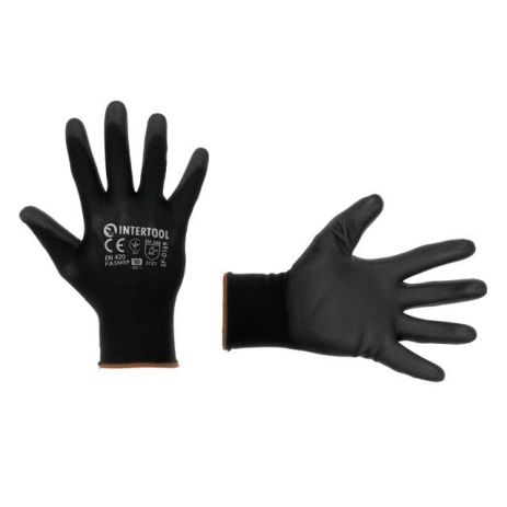 Перчатка трикотажная,синтетическая,черного цвета, с полиуретановым покрытием,9" INTERTOOL SP-0168