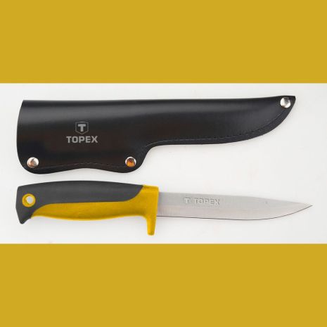 Нож универсальный, лезвие 120 мм, кожаная кобура, нержавеющее лезвие, двухкомпонентная рукоятка Topex 98Z103