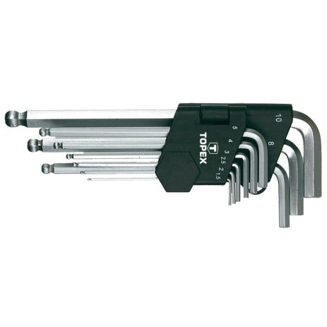 Ключи шестигранные 1.5-10 мм, набор 9 шт., длинные, шаровидные наконечники с рабочим углом 30°, сталь CrV Topex 35D957