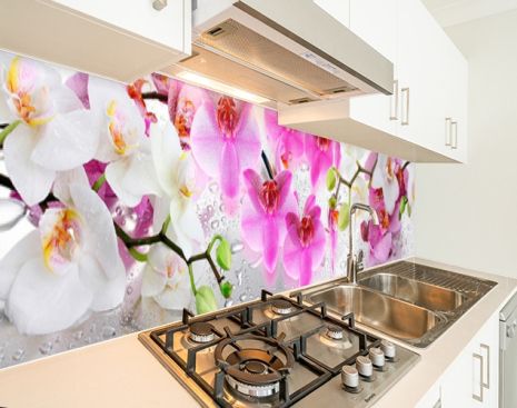 Наклейка на кухонный фартук 65 х 300 см, фотопечать с защитной ламинацией Орхидеи бело-розовые (БП-s_fl087-4)