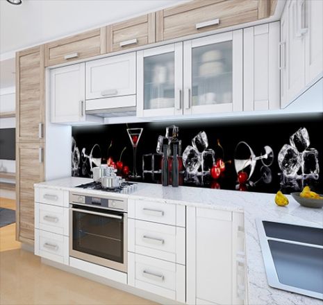 Панель на кухонний фартух жорстка келихи з вишнею та льодом, з двостороннім скотчем 62 х 305 см, 1,2 мм