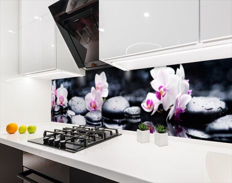 Наклейка на кухонный фартук 60 х 250 см, фотопечать с защитной ламинацией орхидеи розовые на камне
