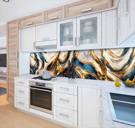 Кухонная панель жесткая ПЭТ мрамор синий с золотом и белым, с двухсторонним скотчем 62 х 305 см, 1,2 мм