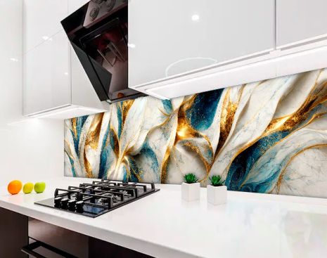 Кухонная панель жесткая ПЭТ мрамор белый с золотом и бирюзой, с двухсторонним скотчем 62 х 305 см, 1,2 мм