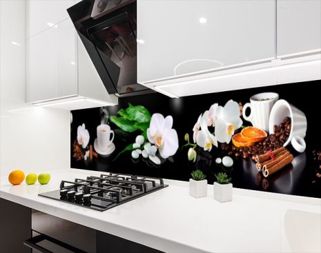 Наклейка на кухонный фартук 65 х 300 см, фотопечать с защитной ламинацией Орхидеи и кофе (БП-s_fl11724-4)