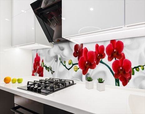 Наклейка на кухонный фартук 65 х 300 см, фотопечать с защитной ламинацией орхидеи на белом атласе