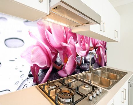 Наклейка на кухонный фартук 60 х 300 см, фотопечать с защитной ламинацией Орхидеи розовые (БП-s_fl100-3)