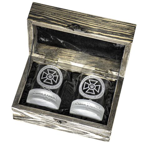 Подарочный набор стаканы для виски с гравировкой шеврона, логотипа в деревянной коробке