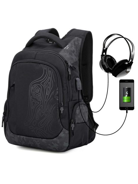 Рюкзак SkyName 90-125 молодежный подростковый для мальчика USB, разм 36*19*44 см черно-серый