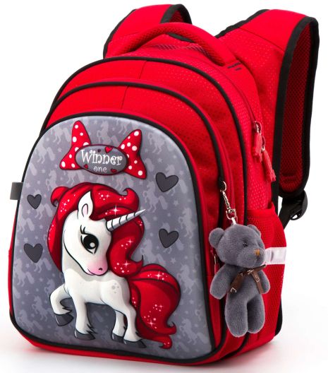 Школьный рюкзак R2-165 для девочки младших классов брелок-мишка, Winner oneразмер 29*16*38см красный