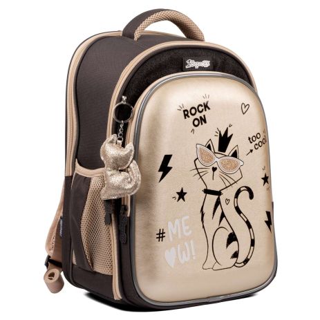 Школьный рюкзак 1 сентября каркасный, два отделения фронтальный карман размер 41*29*14,5см серо-бежевый Pussycat
