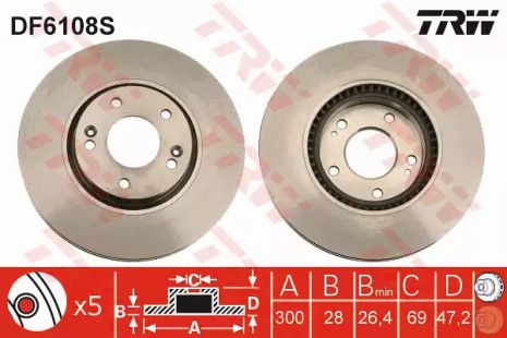 Диск гальмівний HYUNDAI/KIA I40/IX35/Tucson/Optima/Sportage FD=300mm 02, TRW (DF6108S)