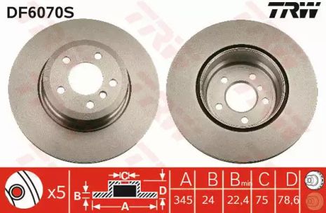 Диск тормозной BMW X5/X6 R 345 mm 07, TRW (DF6070S)