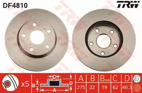 Гальмівний диск (1 шт.) Toyota Auris/Corolla FD=275mm 07, TRW (DF4810)