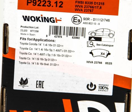 Колодки передние тормозные Corolla (04-13), WOKING (P922312)