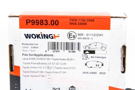 Колодки передние тормозные Toyota Camry/Lexus ES 2.4-3.0 01-08 (ATE), WOKING (P998300)