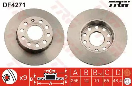 Диск тормозной (1 шт.) AUDI - SKODA - VOLKSWAGEN A3 Quattro/Octavia/Caddy/Golf/Jetta/Touran, TRW (DF