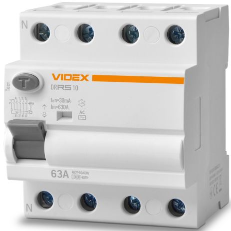Пристрій захисного відключення (ПЗВ) VIDEX RESIST АС 4п 30мА 10кА 63А (VF-RS10-DR4AC63)
