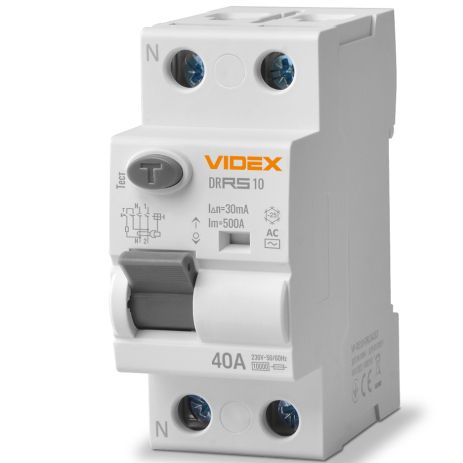 Устройство защитного отключения (УЗО) VIDEX RESIST АС 2п 30мА 10кА 40А (VF-RS10-DR2AC40)